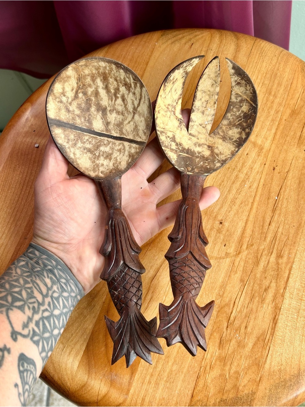 Vintage Carved Wood & Coconut Shell Salad Servers Spoon Fork Set